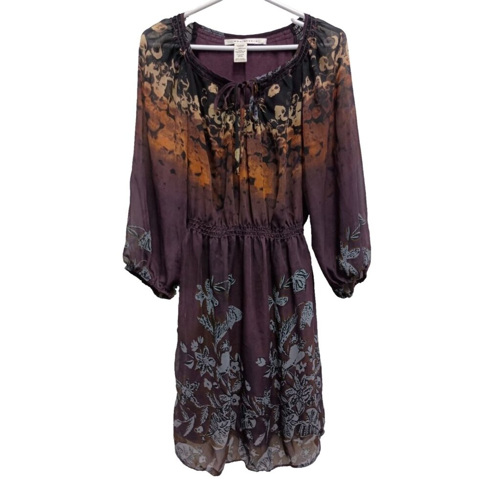 Max Studio Womens A Line Dress Small Purple Floral Chiffon 3/4 Sleeve BOHO